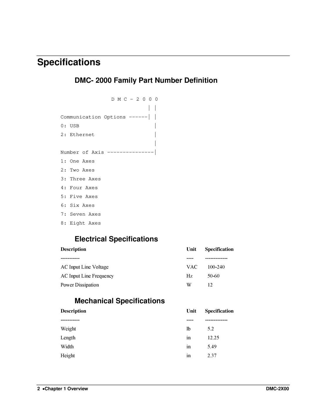 Galil DMC-2X00 DMC- 2000 Family Part Number Definition, Electrical Specifications, Mechanical Specifications 