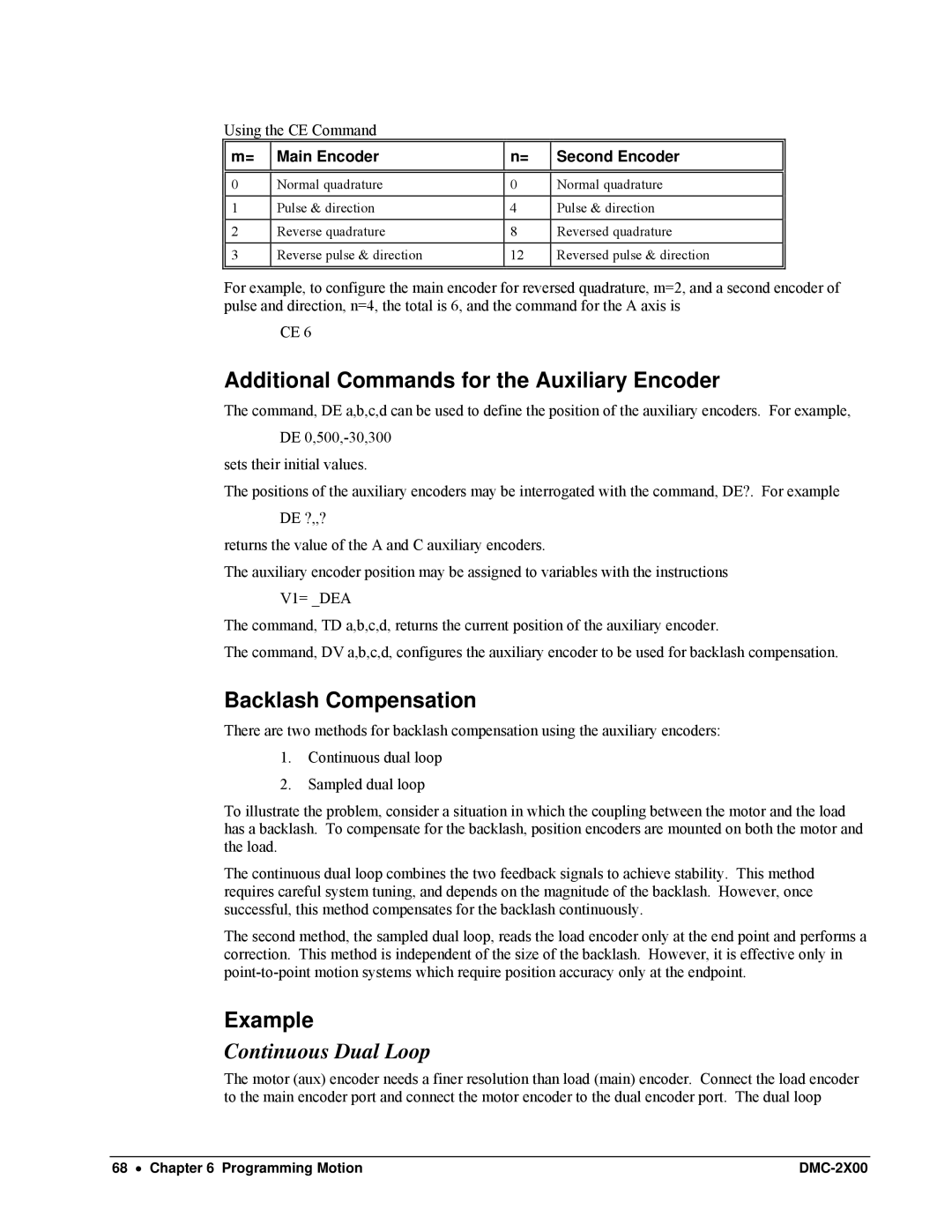 Galil DMC-2X00 user manual Additional Commands for the Auxiliary Encoder, Backlash Compensation, Continuous Dual Loop 