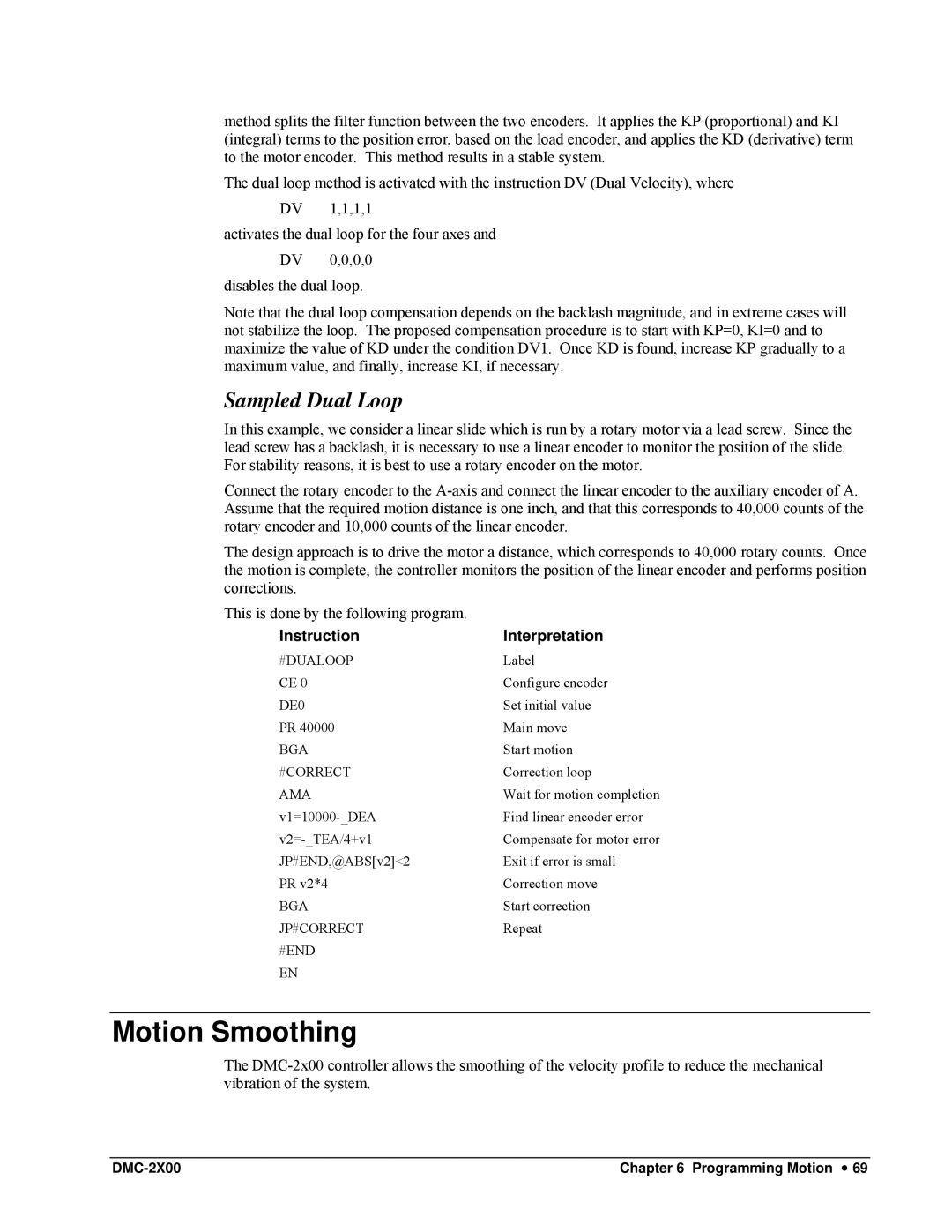 Galil DMC-2X00 user manual Motion Smoothing, Sampled Dual Loop, #Dualoop, DE0, Jp#Correct 