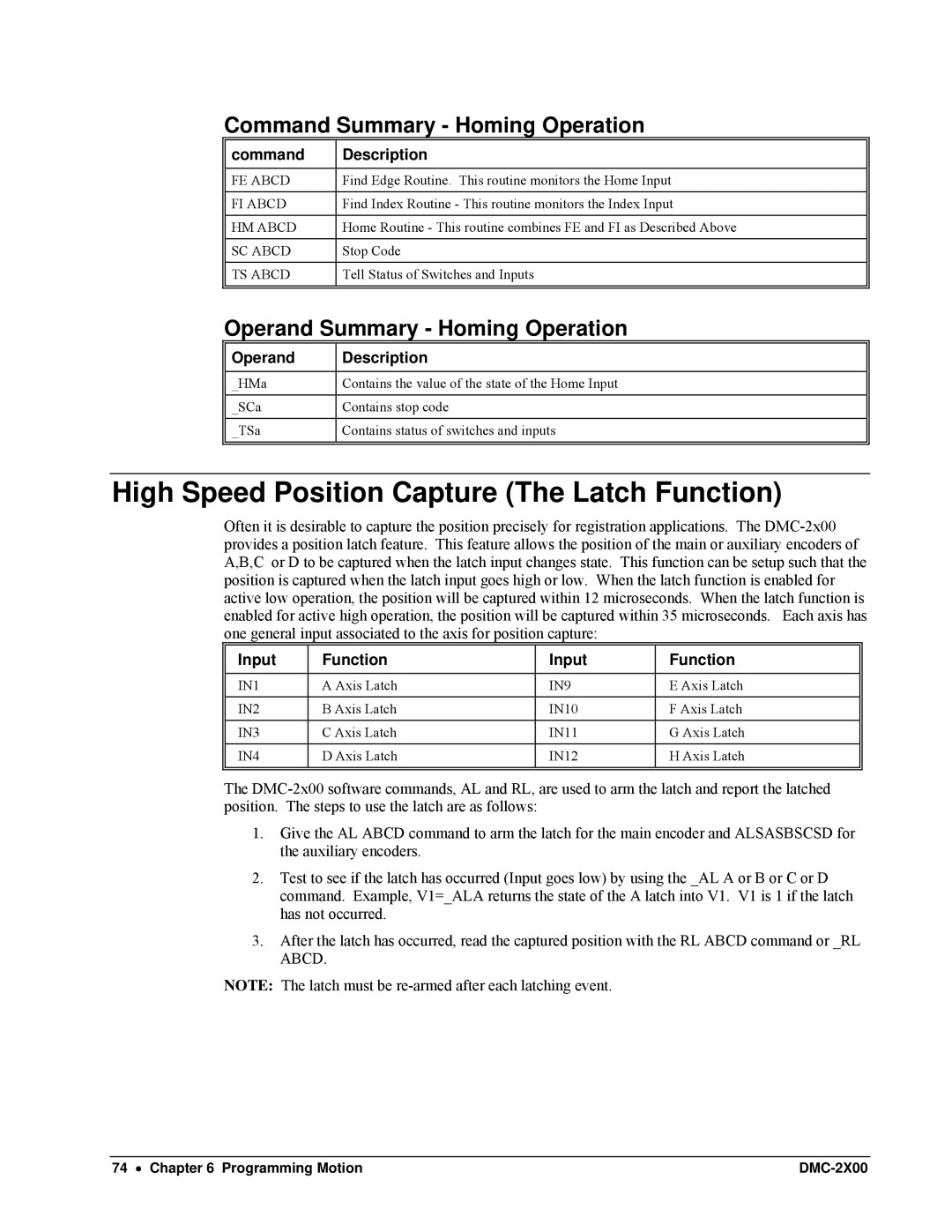 Galil DMC-2X00 user manual High Speed Position Capture The Latch Function, Command Summary Homing Operation, Input Function 