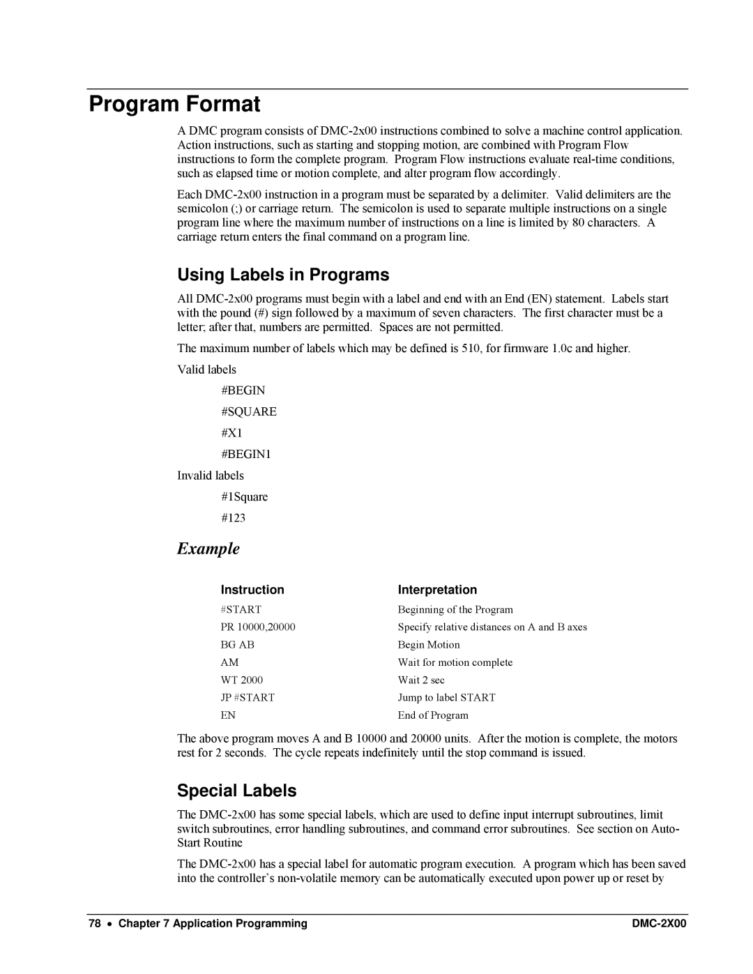 Galil DMC-2X00 user manual Program Format, Using Labels in Programs, Special Labels, Jp #Start 