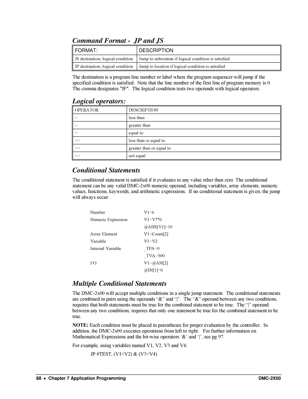 Galil DMC-2X00 Command Format JP and JS, Logical operators, Multiple Conditional Statements, Operator Description 