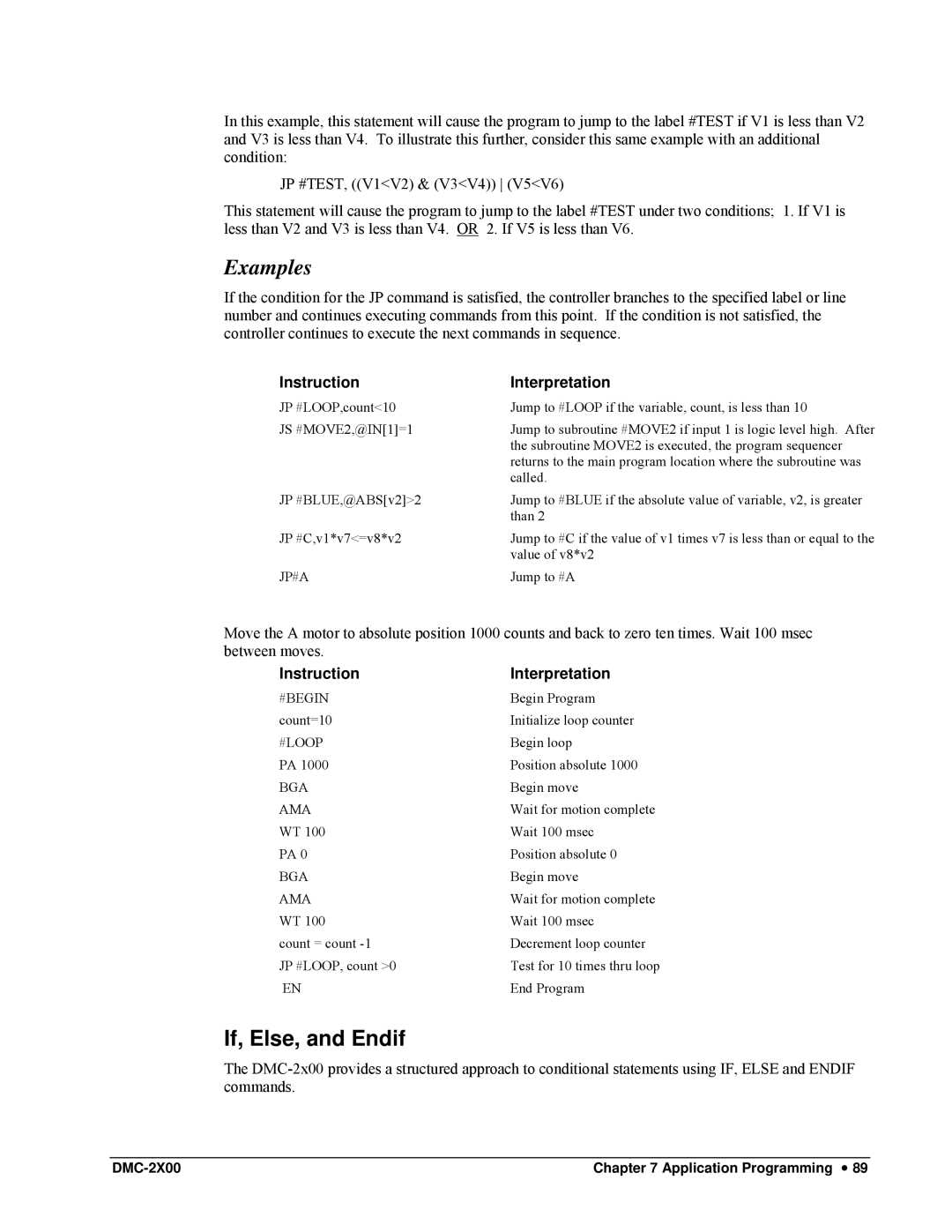 Galil DMC-2X00 user manual Examples, If, Else, and Endif, Jp#A, #Begin 