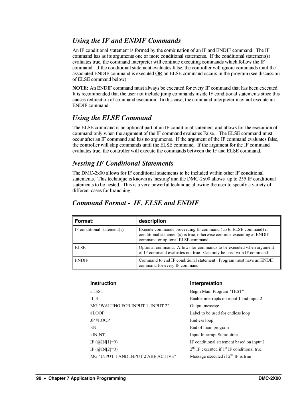 Galil DMC-2X00 user manual Using the if and Endif Commands, Using the Else Command, Nesting if Conditional Statements 