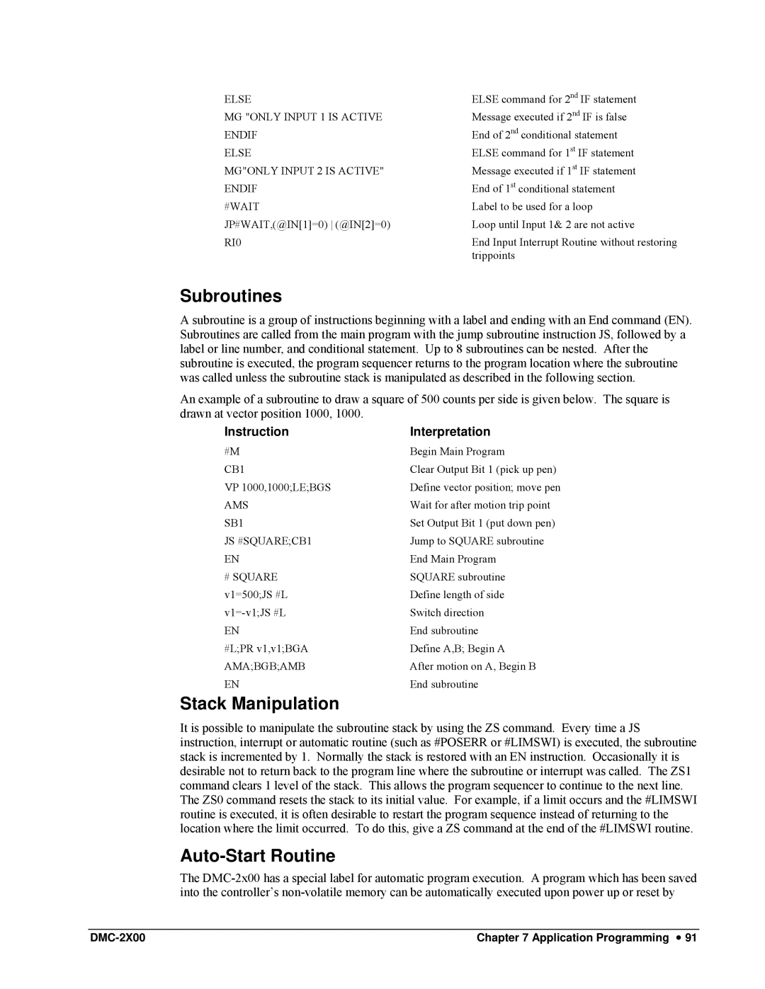 Galil DMC-2X00 user manual Subroutines, Stack Manipulation, Auto-Start Routine 