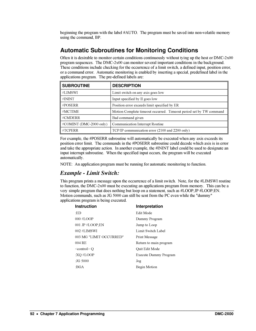 Galil DMC-2X00 user manual Automatic Subroutines for Monitoring Conditions, Example Limit Switch 