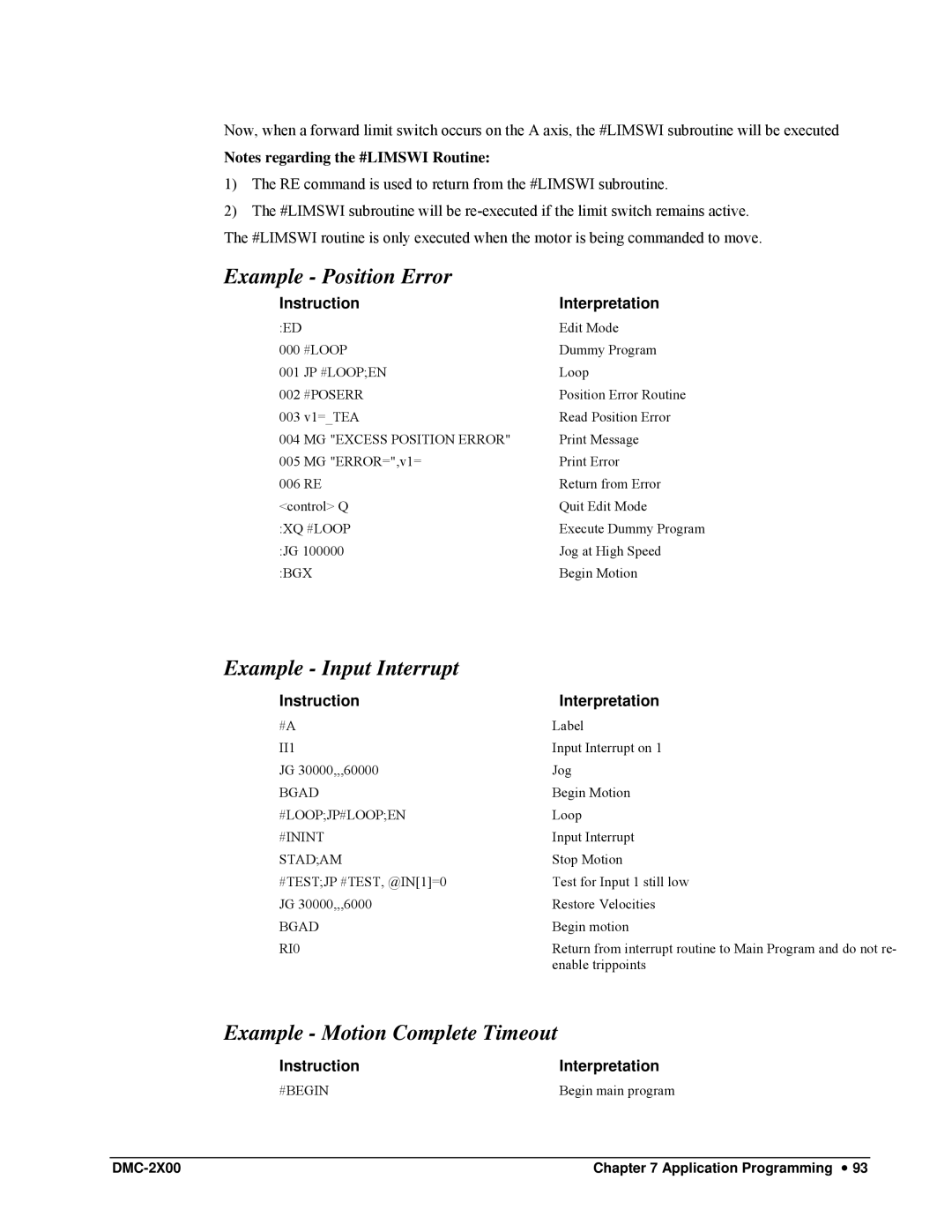 Galil DMC-2X00 user manual Example Position Error, Example Input Interrupt, Example Motion Complete Timeout 