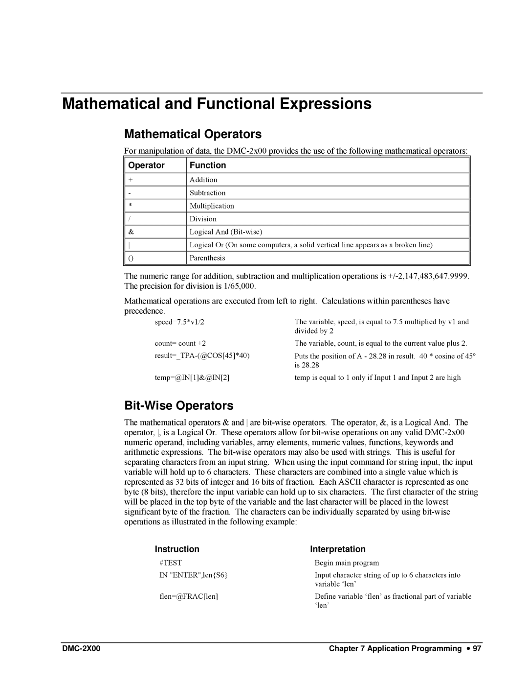 Galil DMC-2X00 Mathematical and Functional Expressions, Mathematical Operators, Bit-Wise Operators, Operator Function 