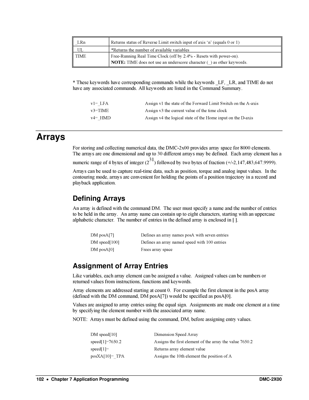 Galil DMC-2X00 user manual Defining Arrays, Assignment of Array Entries, Time 