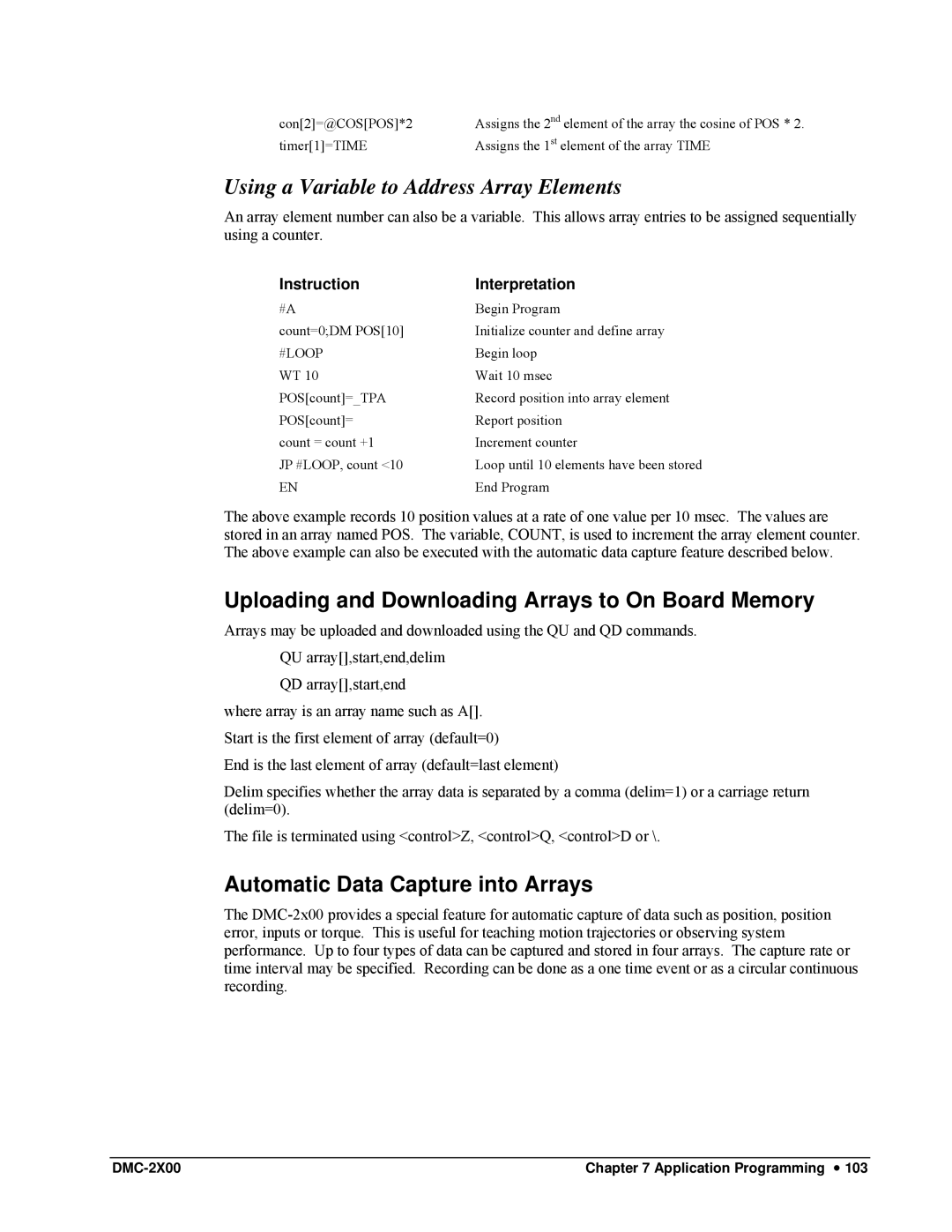 Galil DMC-2X00 user manual Using a Variable to Address Array Elements, Uploading and Downloading Arrays to On Board Memory 