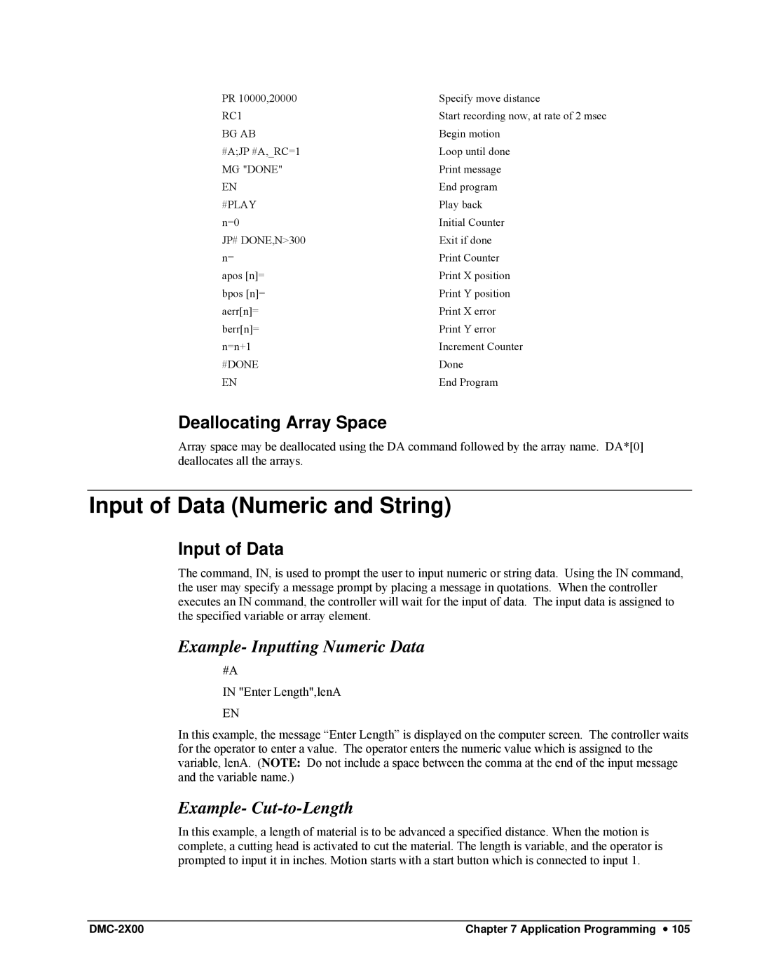 Galil DMC-2X00 user manual Input of Data Numeric and String, Deallocating Array Space, Example- Inputting Numeric Data 