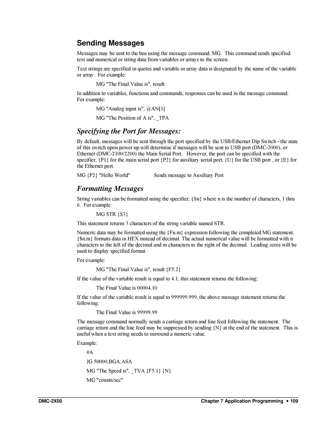 Galil DMC-2X00 user manual Sending Messages, Specifying the Port for Messages, Formatting Messages 