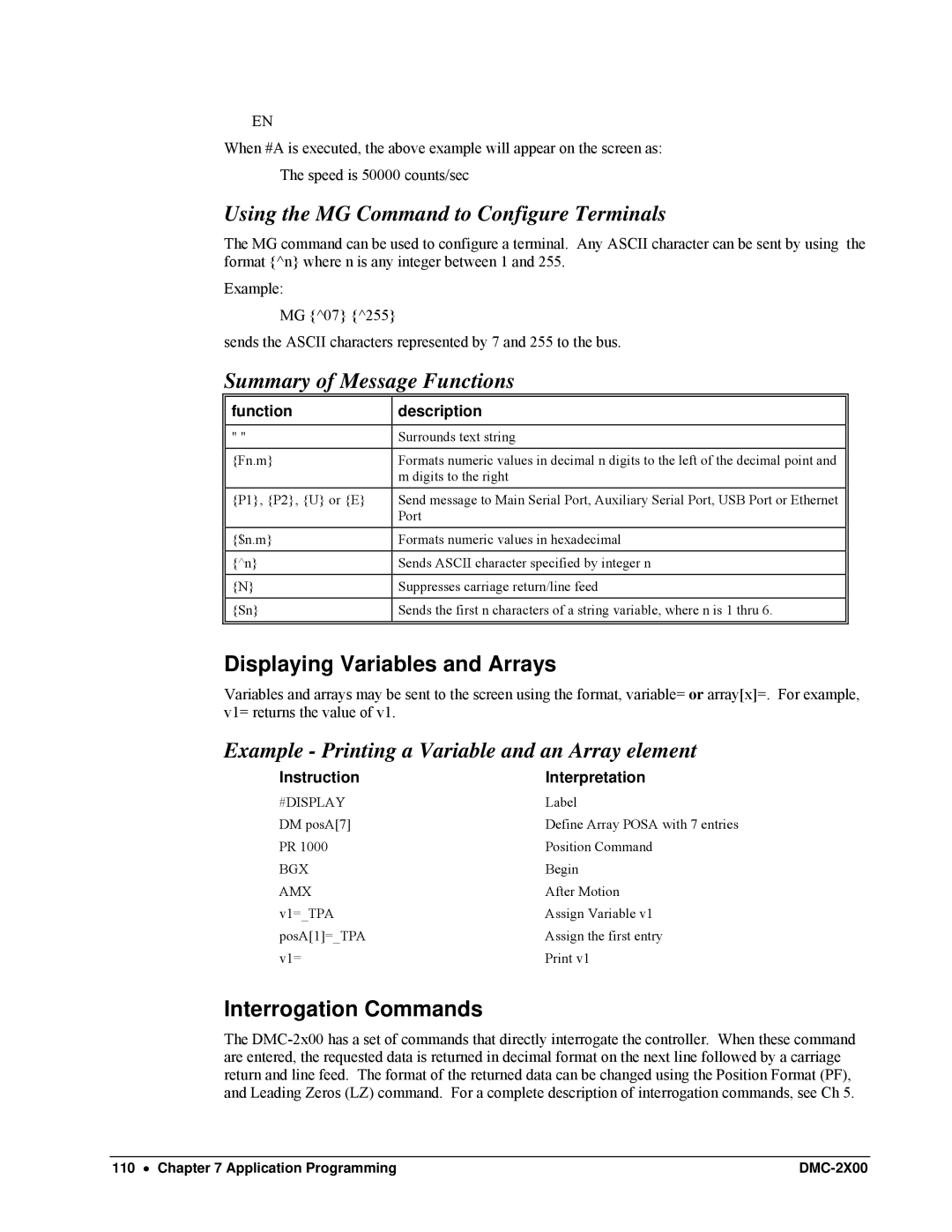 Galil DMC-2X00 Using the MG Command to Configure Terminals, Summary of Message Functions, Displaying Variables and Arrays 