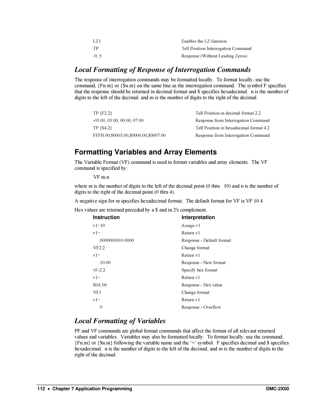 Galil DMC-2X00 Local Formatting of Response of Interrogation Commands, Formatting Variables and Array Elements, LZ1, VF1 