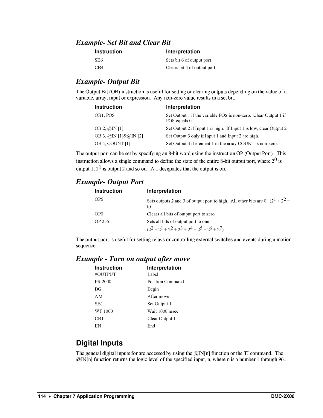 Galil DMC-2X00 user manual Example- Set Bit and Clear Bit, Example- Output Bit, Example- Output Port, Digital Inputs 