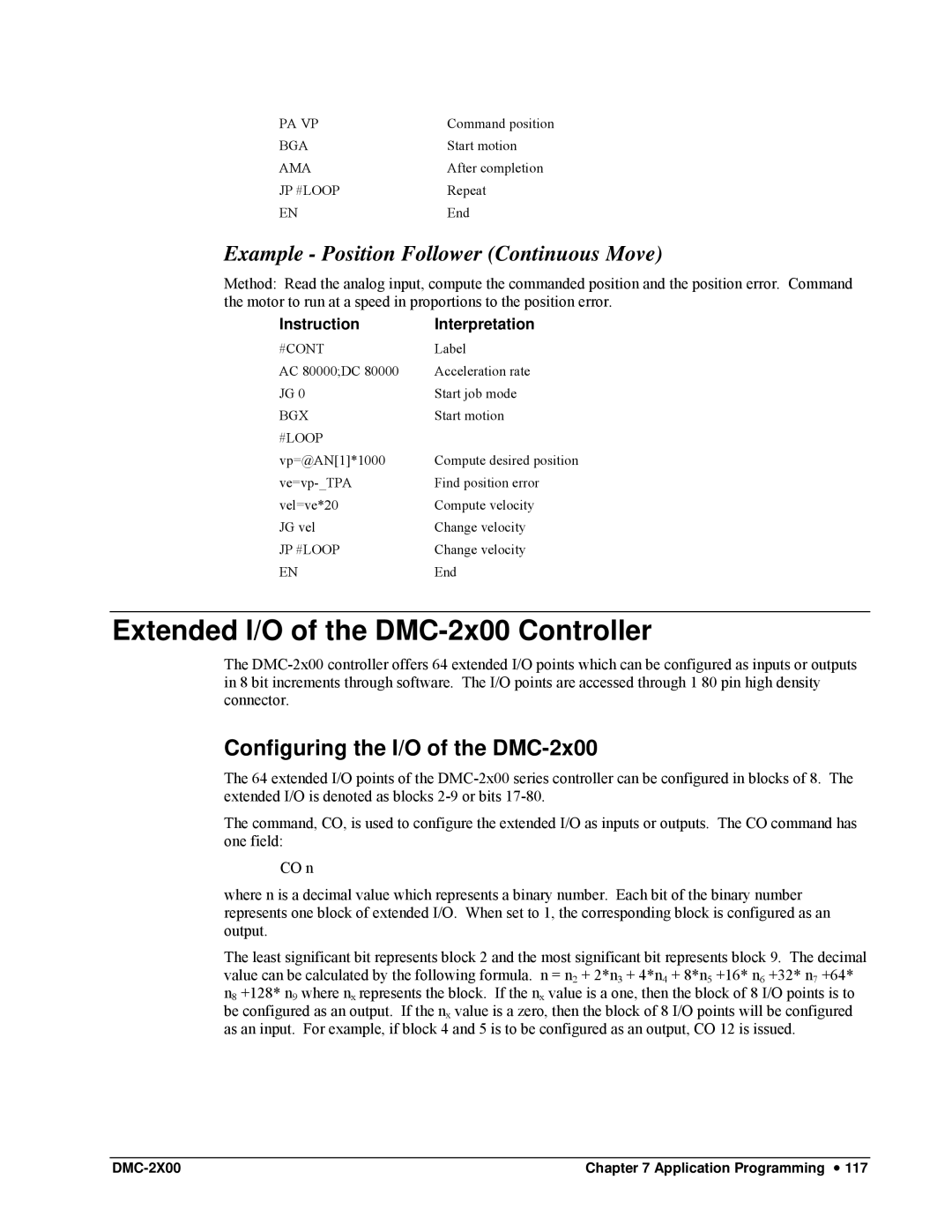 Galil DMC-2X00 user manual Example Position Follower Continuous Move, Configuring the I/O of the DMC-2x00, Pa Vp, #Cont 