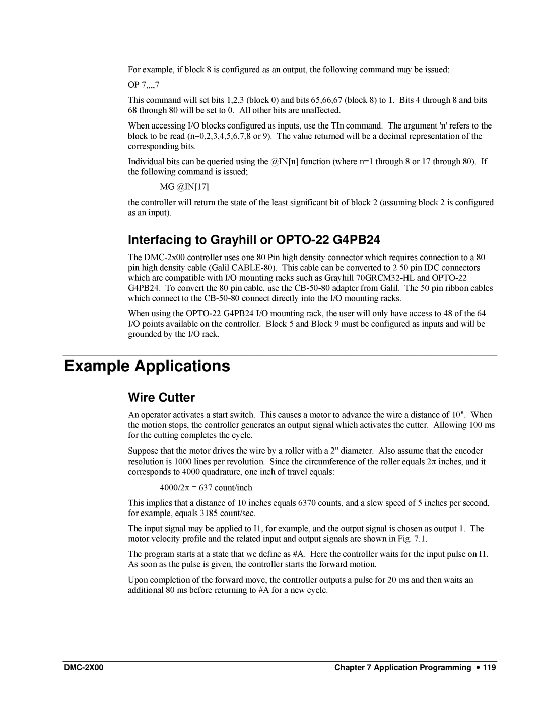 Galil DMC-2X00 user manual Example Applications, Interfacing to Grayhill or OPTO-22 G4PB24, Wire Cutter 