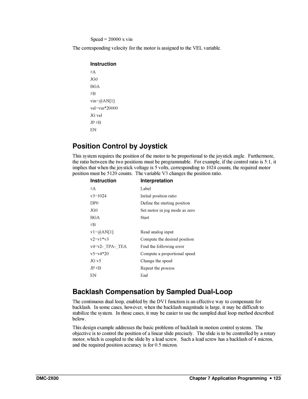 Galil DMC-2X00 user manual Position Control by Joystick, Backlash Compensation by Sampled Dual-Loop 