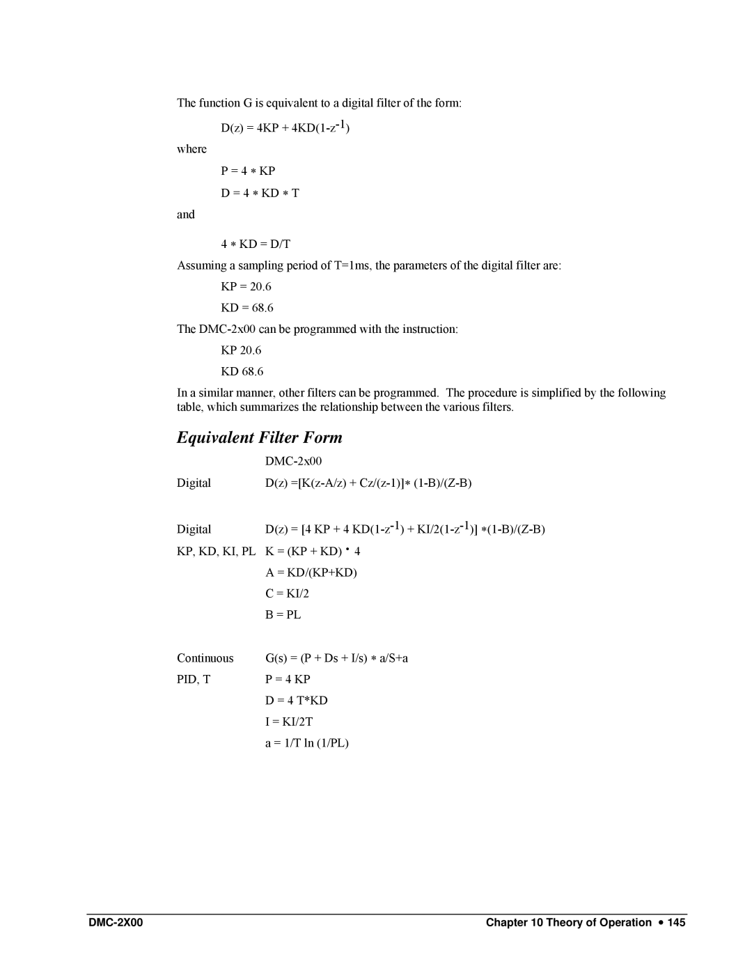 Galil DMC-2X00 user manual Equivalent Filter Form 