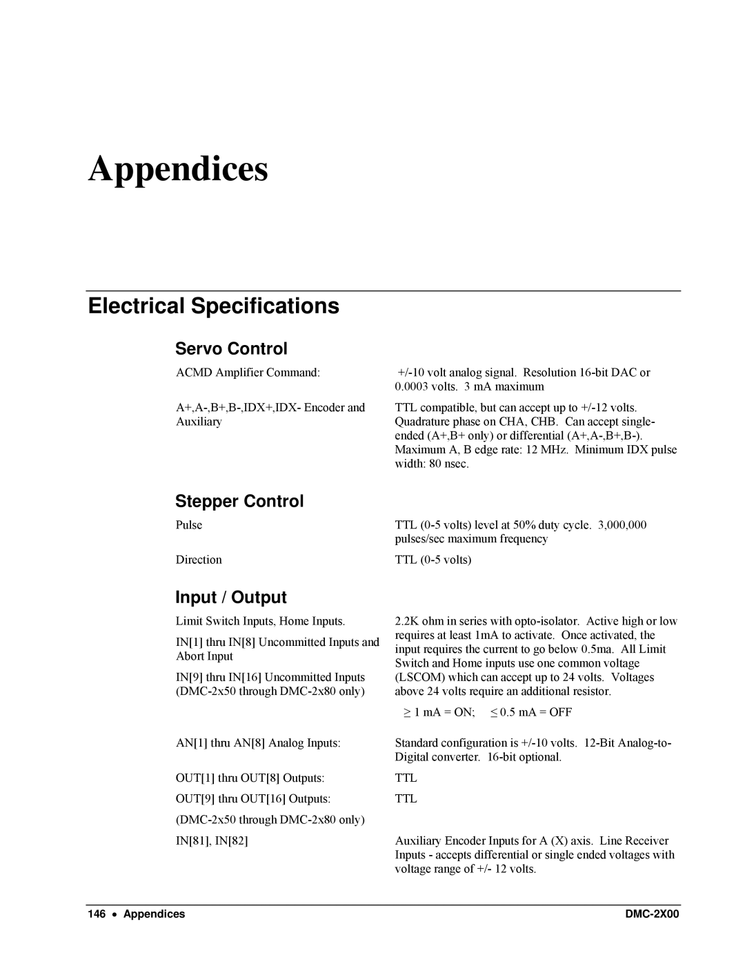 Galil DMC-2X00 user manual Electrical Specifications, Servo Control, Stepper Control, Input / Output 