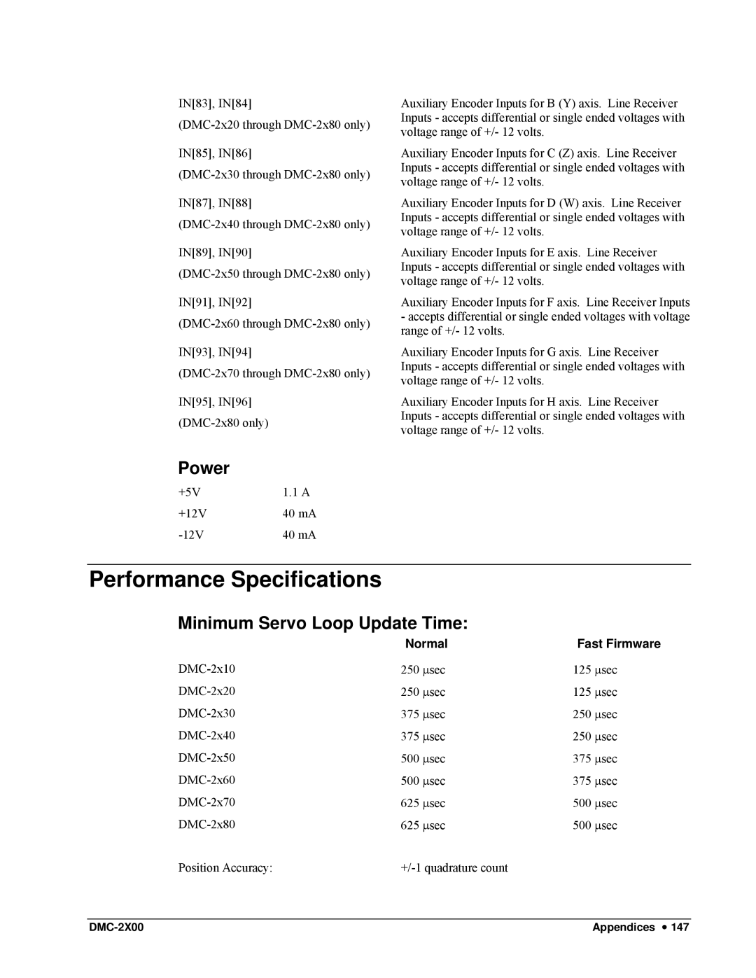 Galil DMC-2X00 user manual Performance Specifications, Power, Minimum Servo Loop Update Time, Normal 