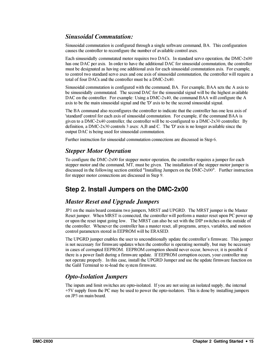 Galil DMC-2X00 Sinusoidal Commutation, Stepper Motor Operation, Install Jumpers on the DMC-2x00, Opto-Isolation Jumpers 