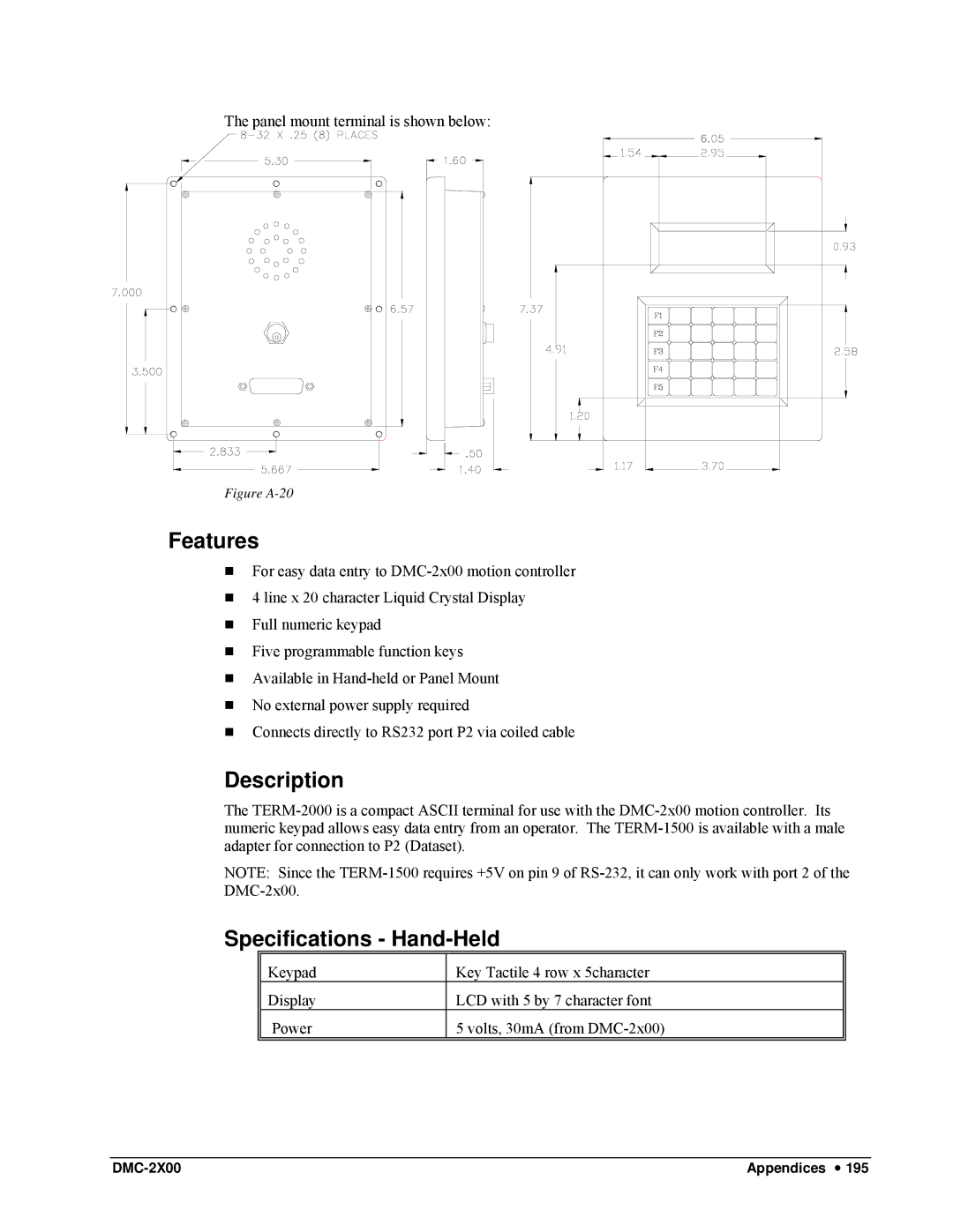 Galil DMC-2X00 user manual Specifications Hand-Held, Figure A-20 