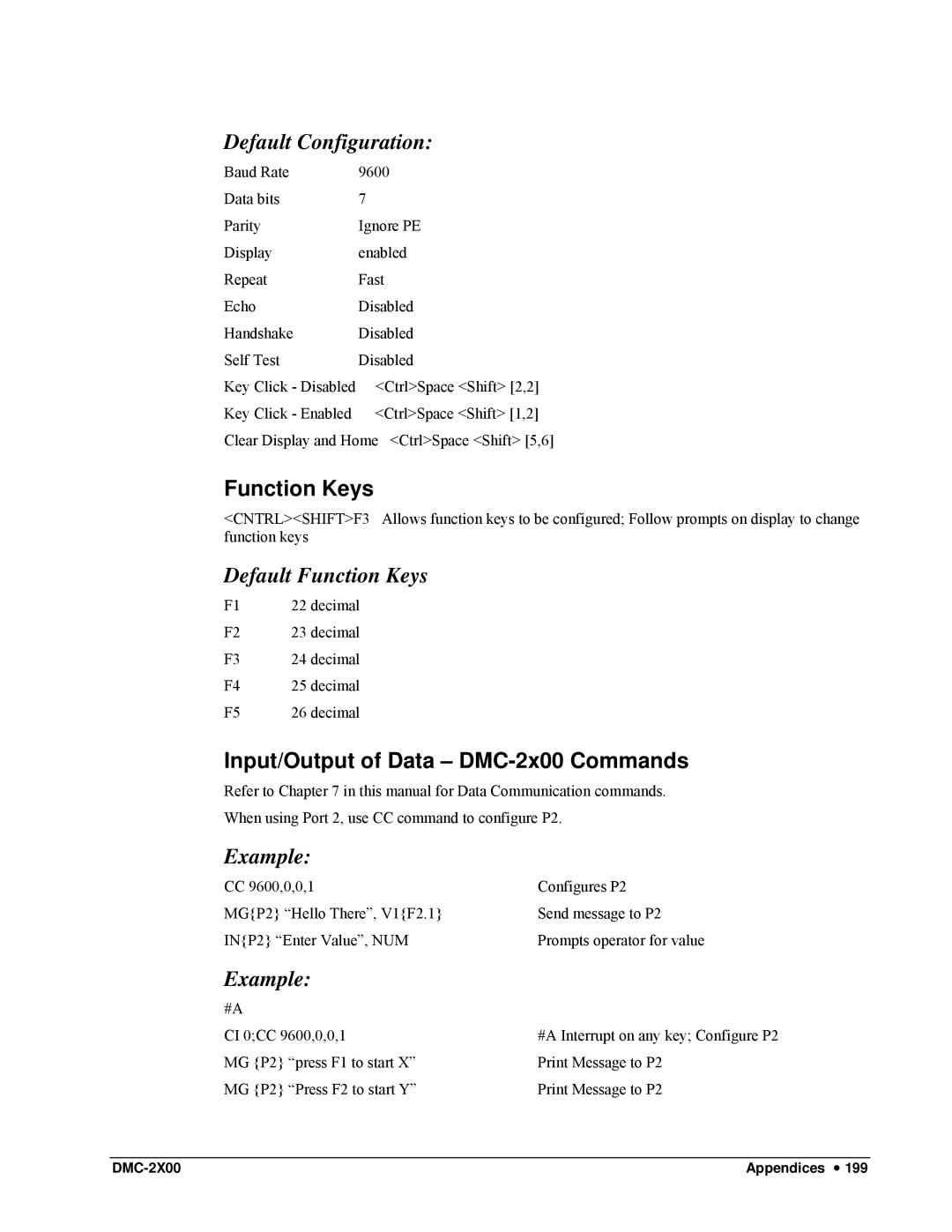 Galil DMC-2X00 user manual Default Configuration, Default Function Keys, Input/Output of Data DMC-2x00 Commands 