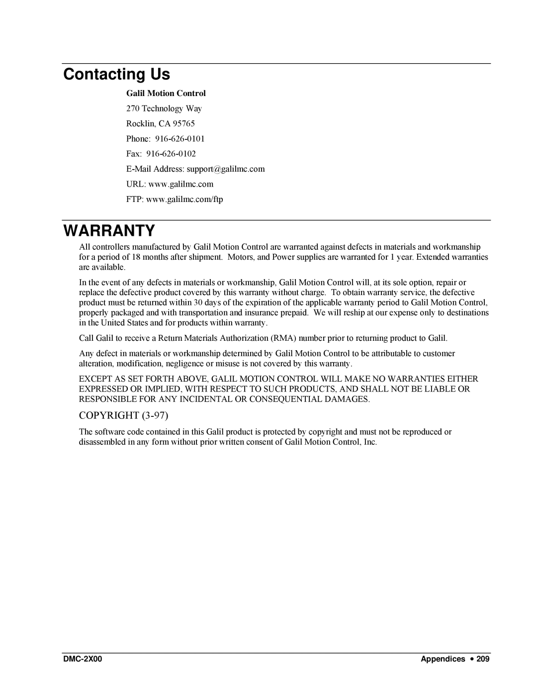 Galil DMC-2X00 user manual Contacting Us, Warranty 