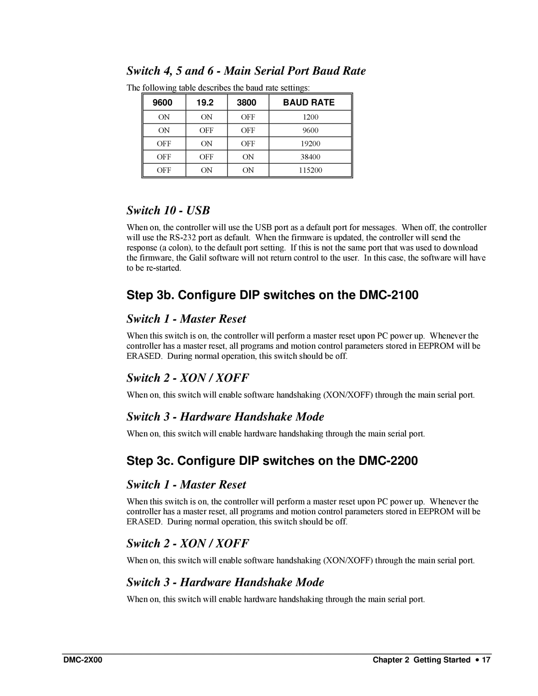 Galil DMC-2X00 Switch 4, 5 and 6 Main Serial Port Baud Rate, Switch 10 USB, Configure DIP switches on the DMC-2100 