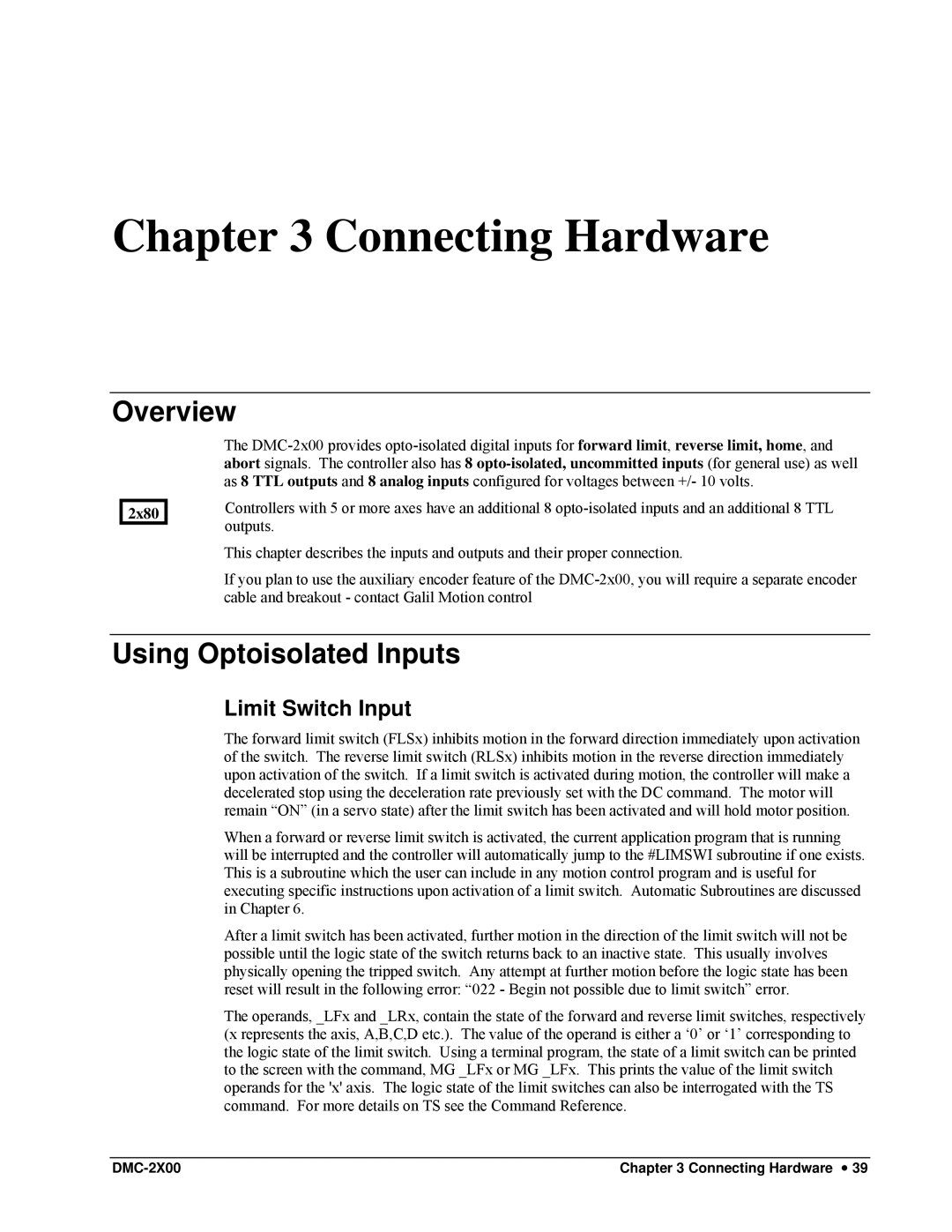 Galil DMC-2X00 user manual Overview, Using Optoisolated Inputs, Limit Switch Input 