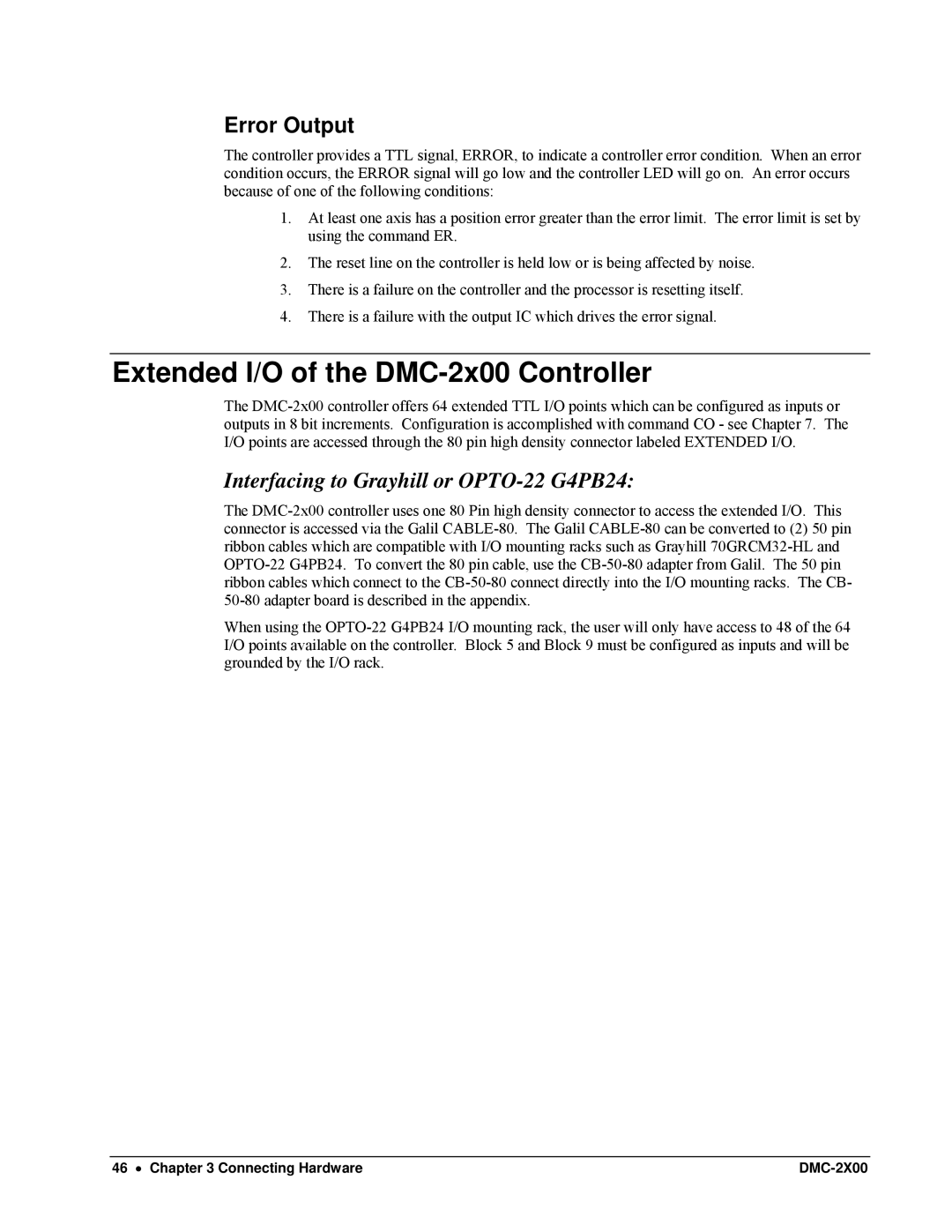 Galil DMC-2X00 user manual Extended I/O of the DMC-2x00 Controller, Error Output, Interfacing to Grayhill or OPTO-22 G4PB24 