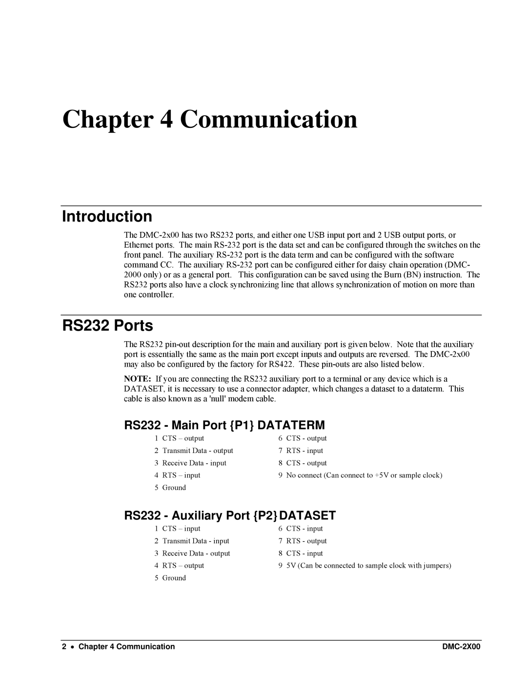 Galil DMC-2X00 user manual Introduction, RS232 Ports, RS232 Main Port P1 Dataterm, RS232 Auxiliary Port P2 Dataset 