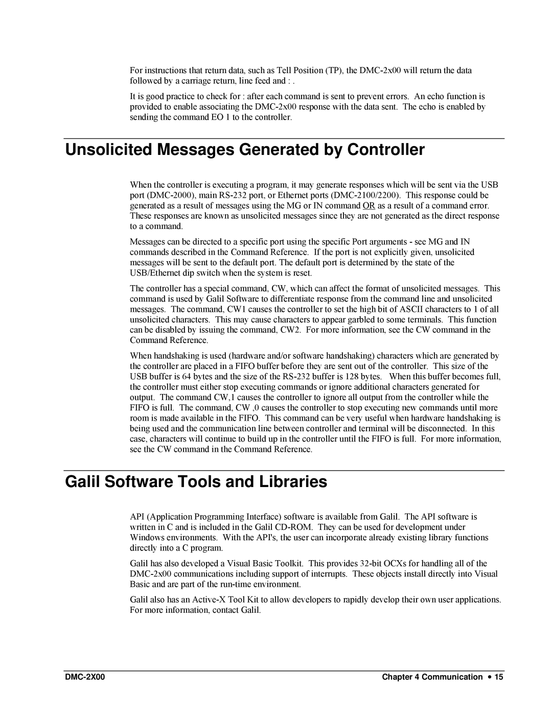 Galil DMC-2X00 user manual Unsolicited Messages Generated by Controller, Galil Software Tools and Libraries 