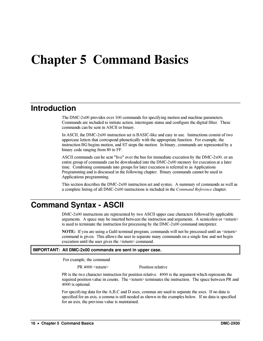 Galil DMC-2X00 user manual Command Syntax Ascii, Important All DMC-2x00 commands are sent in upper case 