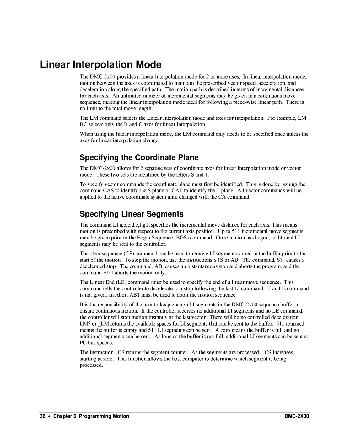 Galil DMC-2X00 user manual Linear Interpolation Mode, Specifying the Coordinate Plane, Specifying Linear Segments 