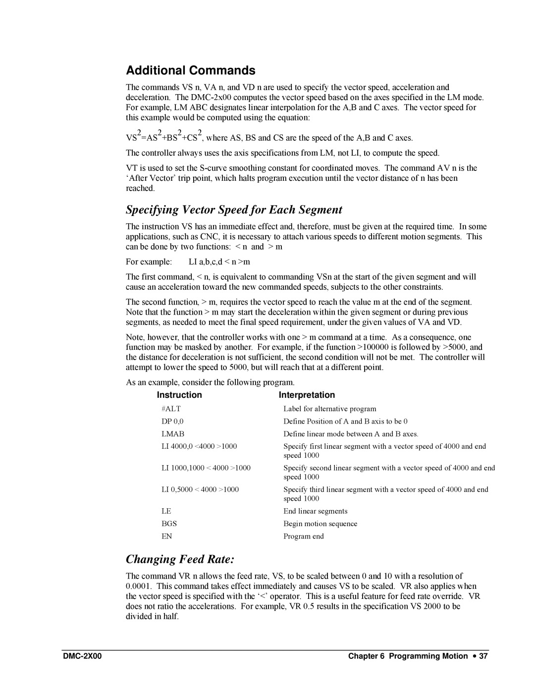 Galil DMC-2X00 user manual Additional Commands, Specifying Vector Speed for Each Segment, Changing Feed Rate, #Alt, Lmab 