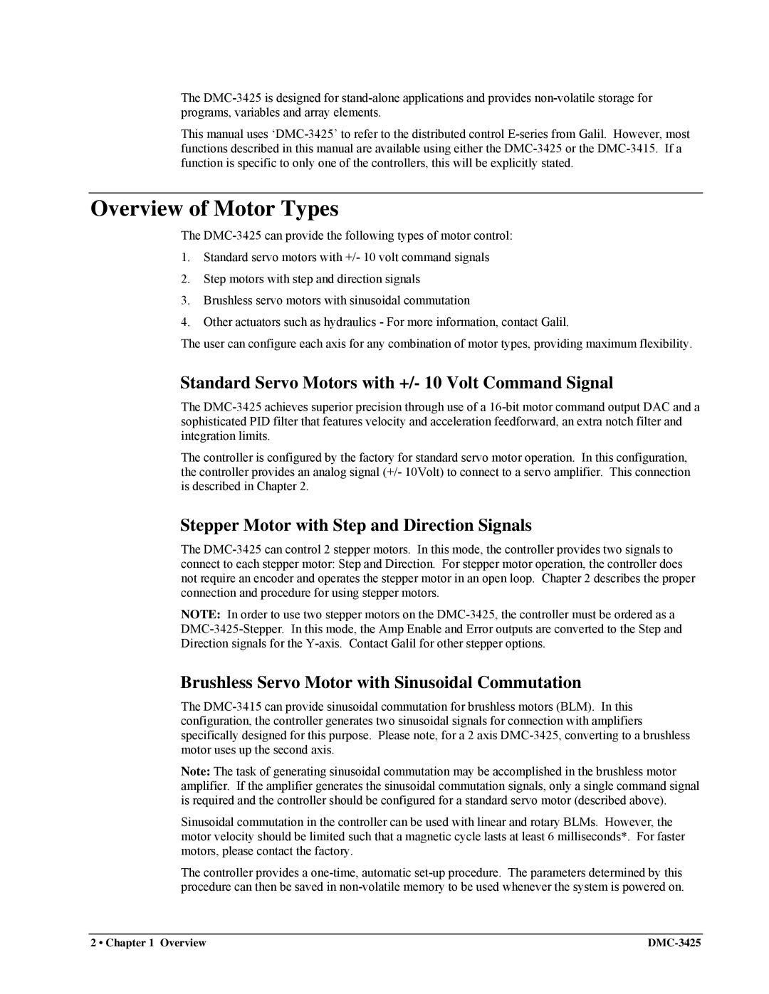 Galil DMC-3425 user manual Overview of Motor Types, Standard Servo Motors with +/- 10 Volt Command Signal 