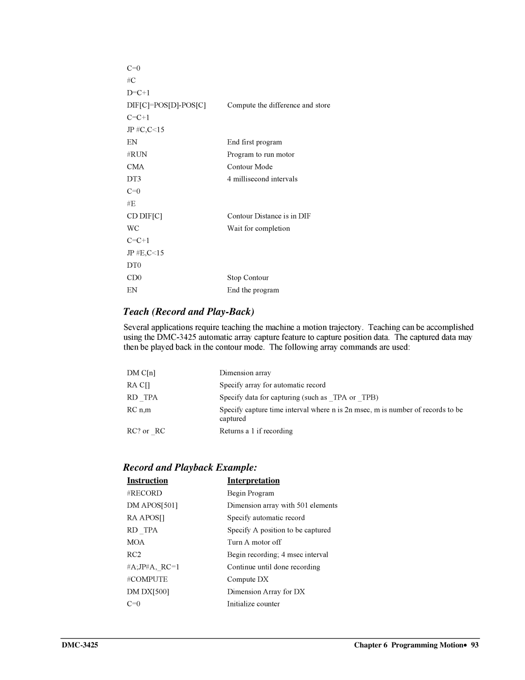 Galil DMC-3425 user manual Teach Record and Play-Back, Record and Playback Example 