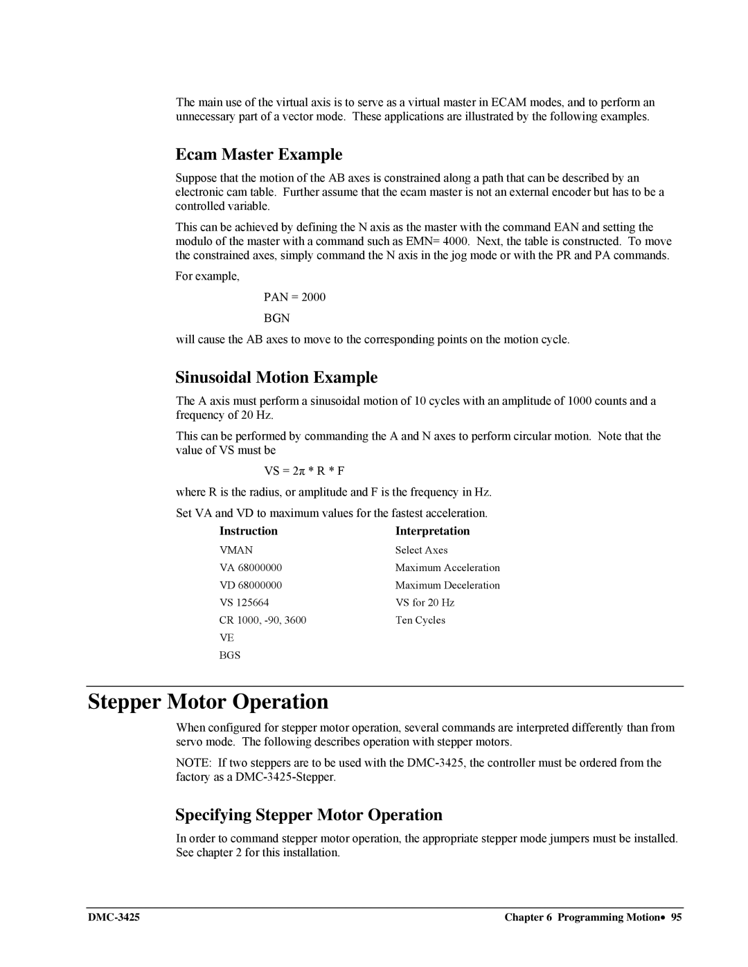 Galil DMC-3425 user manual Ecam Master Example, Sinusoidal Motion Example, Specifying Stepper Motor Operation, Bgn 