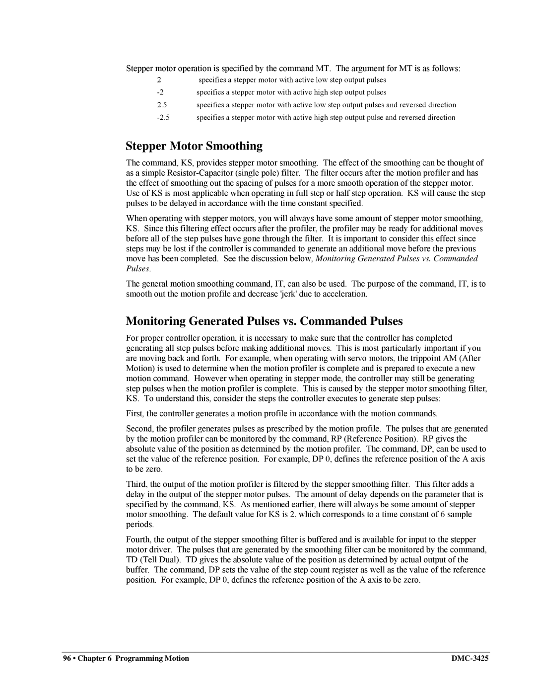 Galil DMC-3425 user manual Stepper Motor Smoothing, Monitoring Generated Pulses vs. Commanded Pulses 