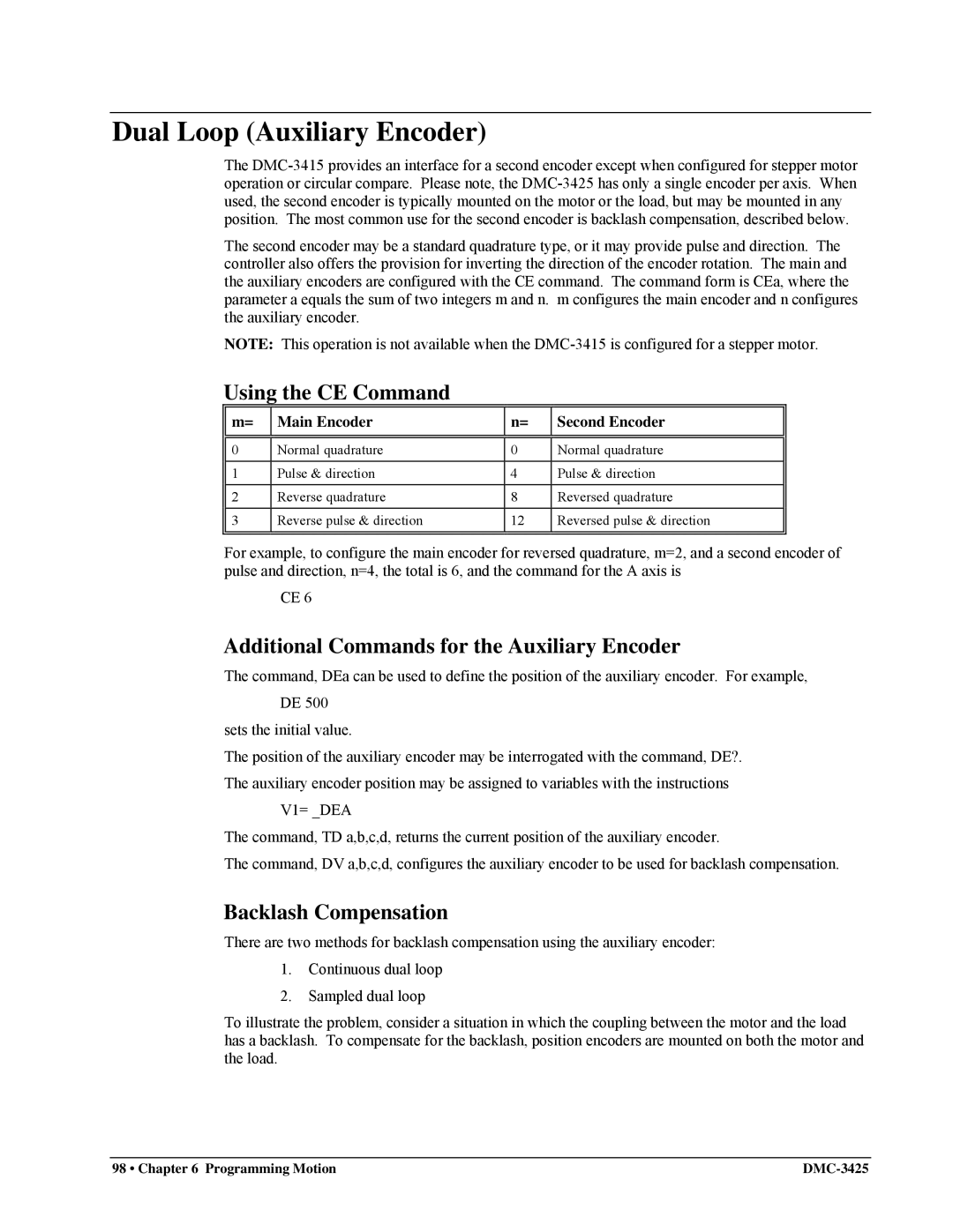 Galil DMC-3425 user manual Dual Loop Auxiliary Encoder, Using the CE Command, Additional Commands for the Auxiliary Encoder 