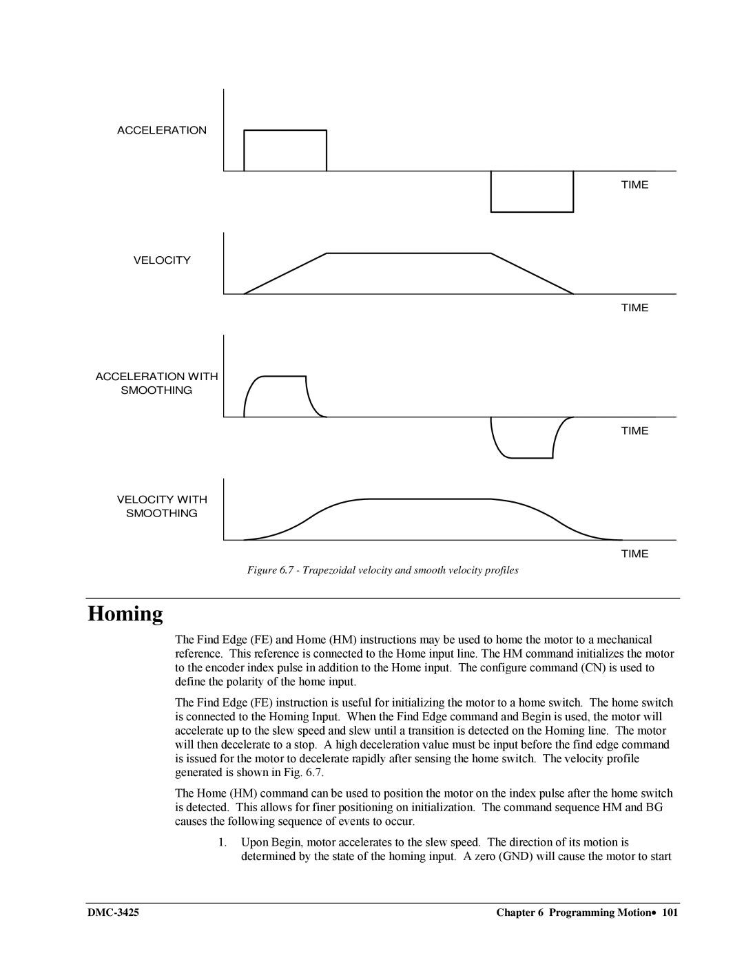 Galil DMC-3425 user manual Homing, Trapezoidal velocity and smooth velocity profiles 