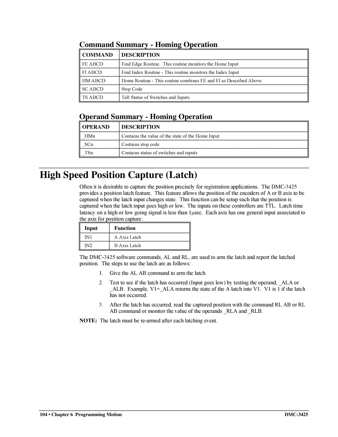 Galil DMC-3425 High Speed Position Capture Latch, Command Summary Homing Operation, Operand Summary Homing Operation 