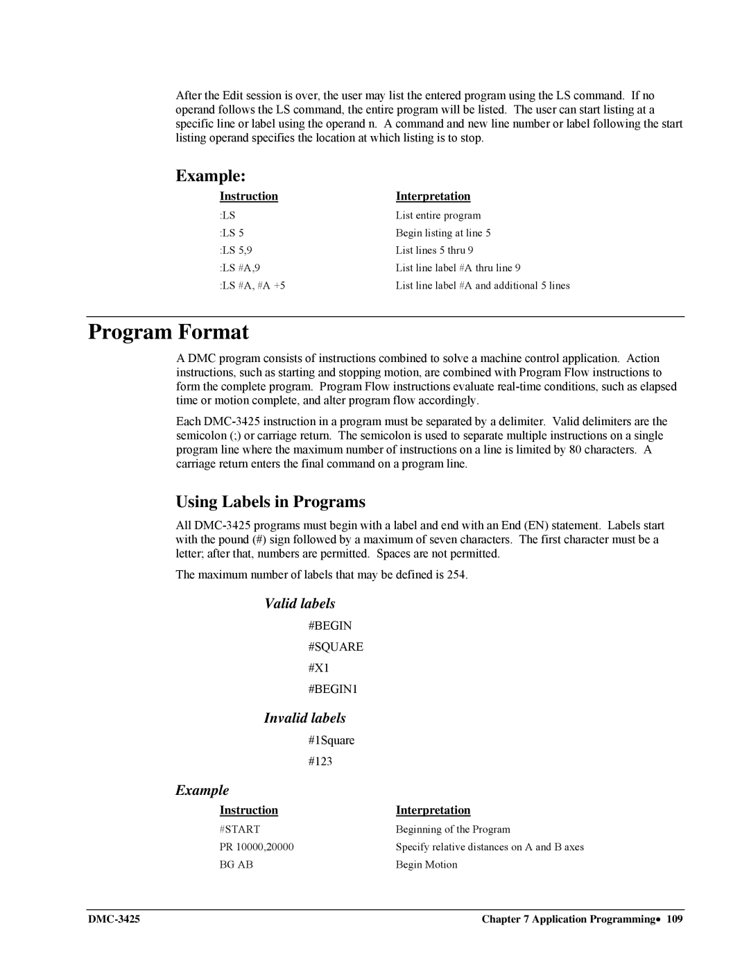 Galil DMC-3425 user manual Program Format, Using Labels in Programs, Valid labels, Invalid labels 