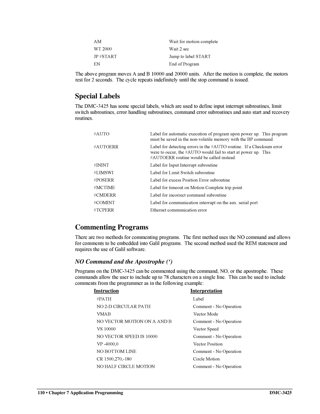 Galil DMC-3425 user manual Special Labels, Commenting Programs, No Command and the Apostrophe ‘ 