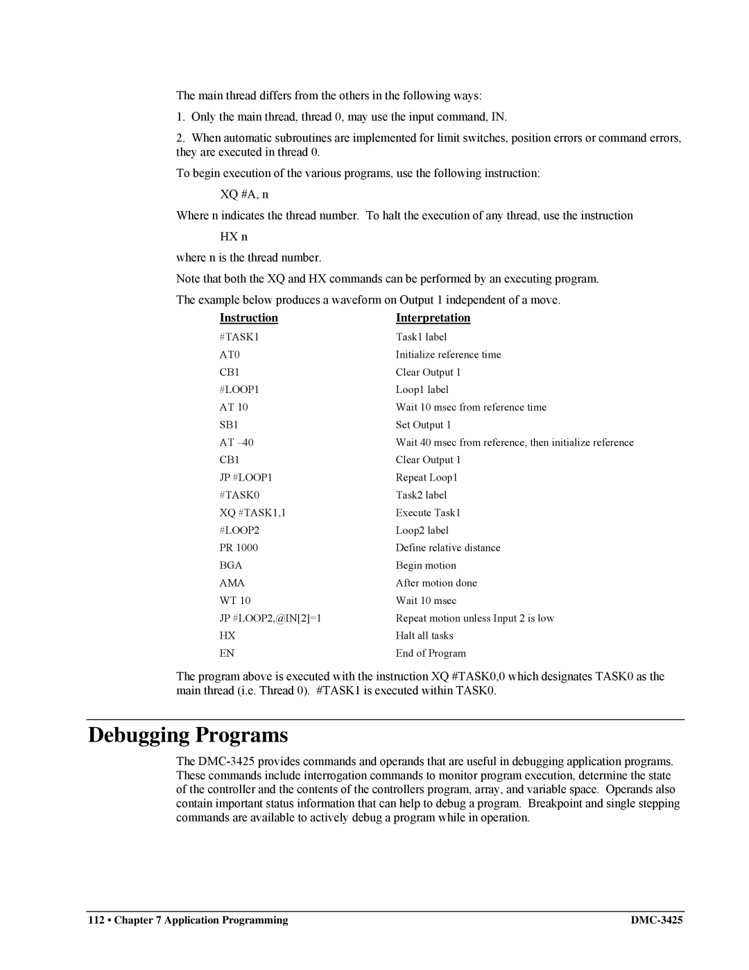 Galil DMC-3425 user manual Debugging Programs 