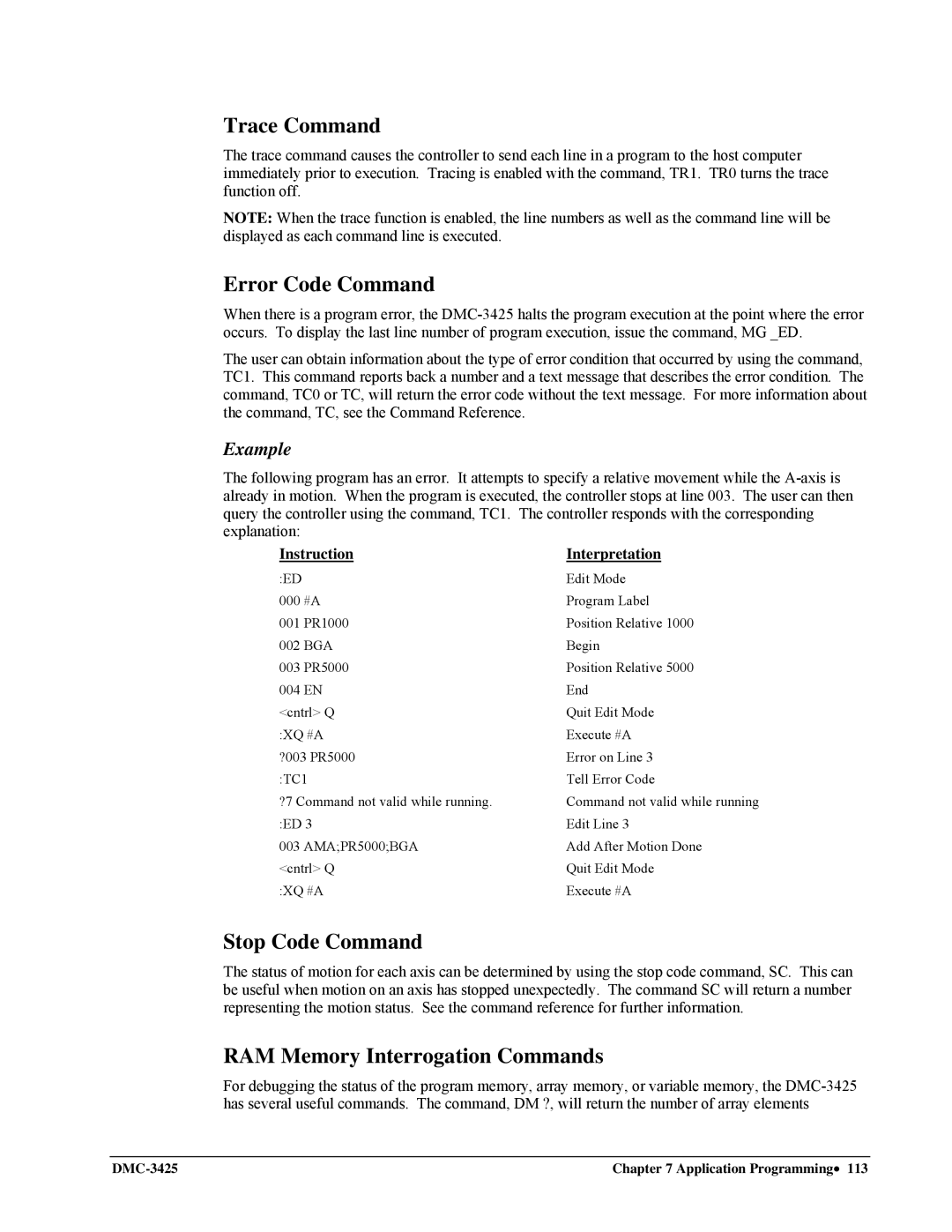 Galil DMC-3425 user manual Trace Command, Error Code Command, Stop Code Command, RAM Memory Interrogation Commands 