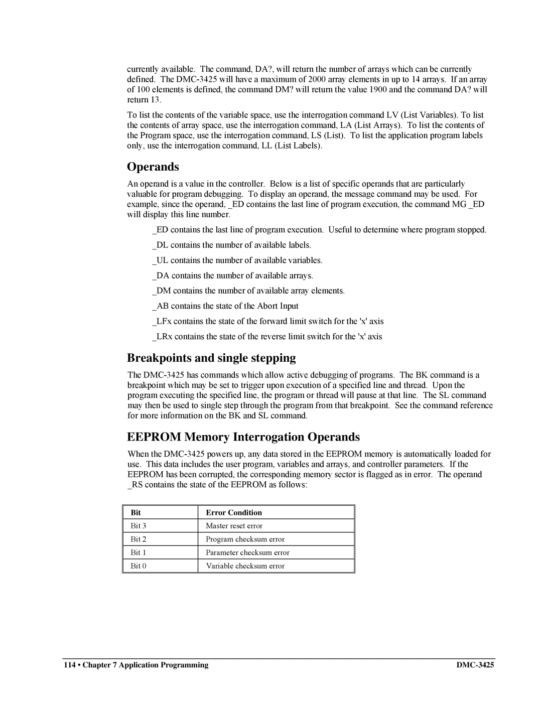 Galil DMC-3425 user manual Breakpoints and single stepping, Eeprom Memory Interrogation Operands 