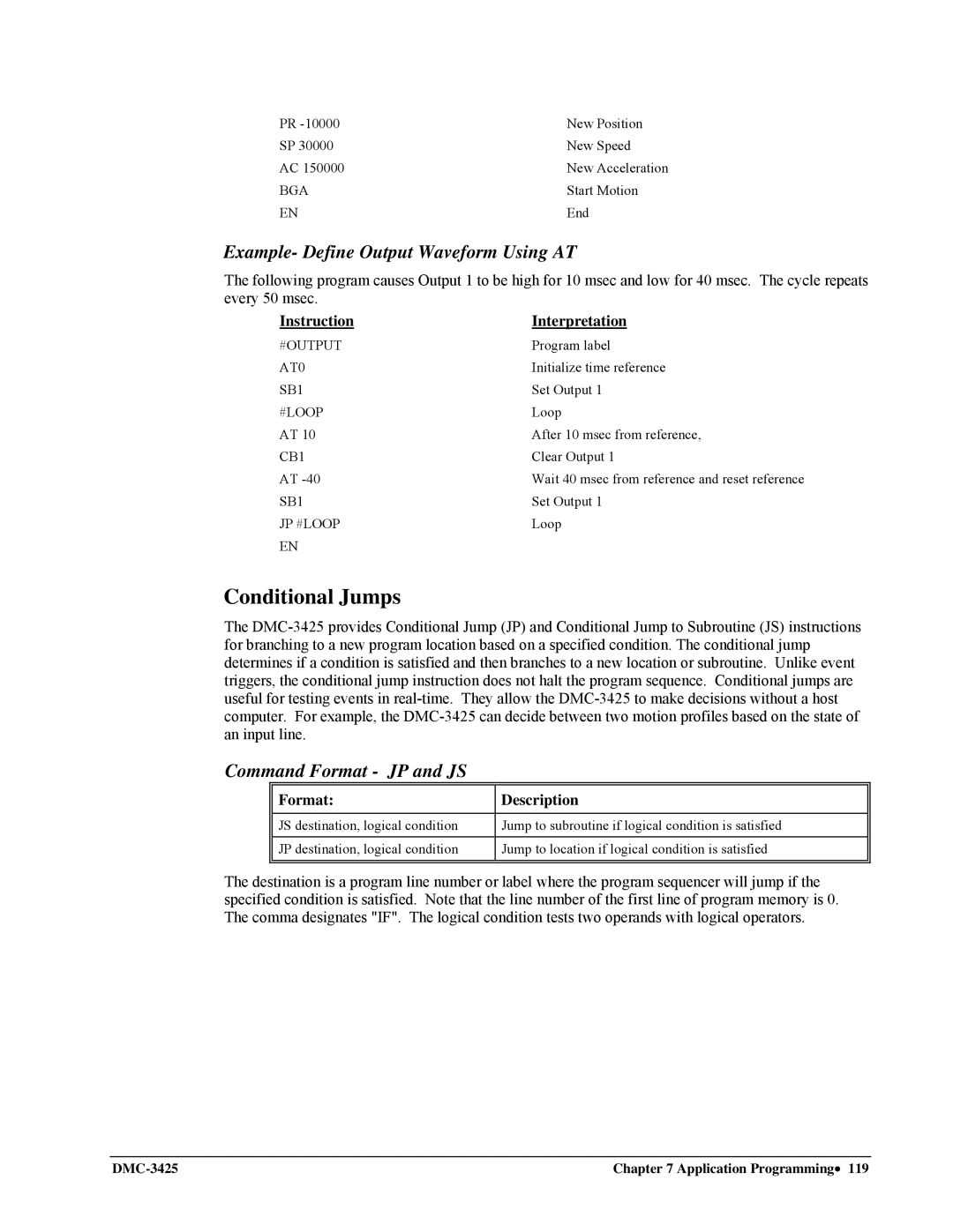 Galil DMC-3425 user manual Conditional Jumps, Example- Define Output Waveform Using AT, Command Format JP and JS 